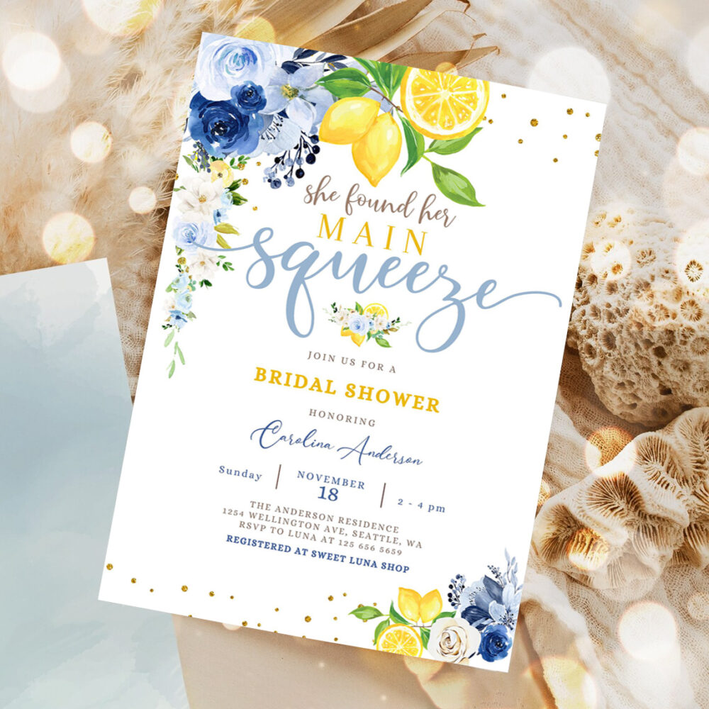 editable blue lemon bridal shower invitation blue floral citrus she found her main squeeze invite template 5