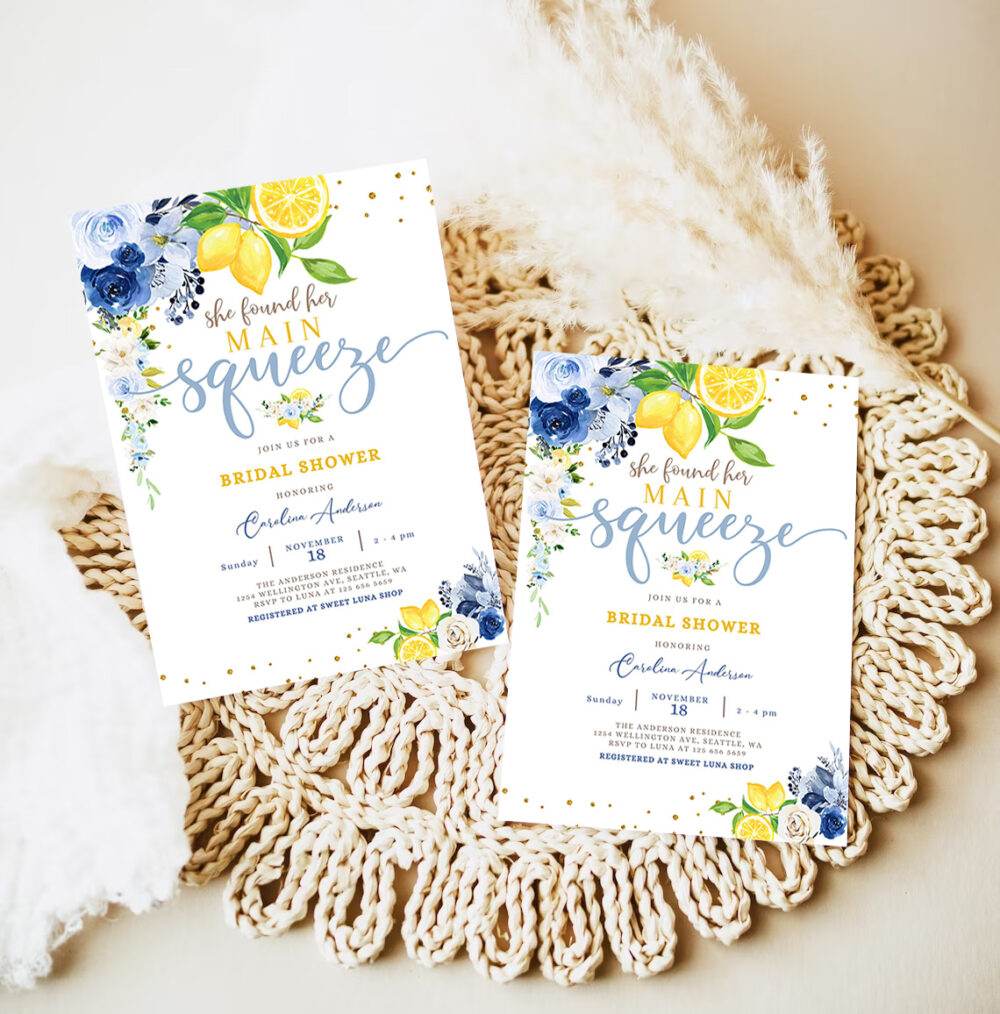 editable blue lemon bridal shower invitation blue floral citrus she found her main squeeze invite template 6