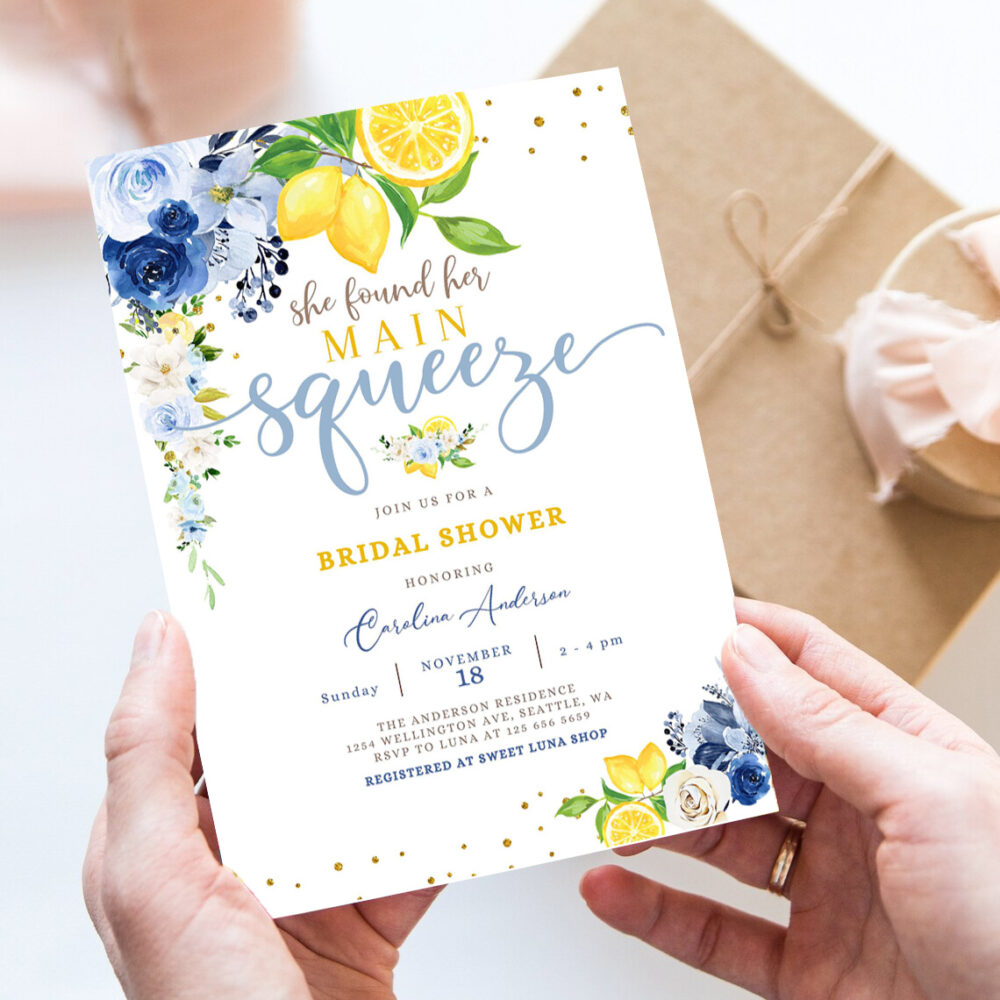 editable blue lemon bridal shower invitation blue floral citrus she found her main squeeze invite template 7