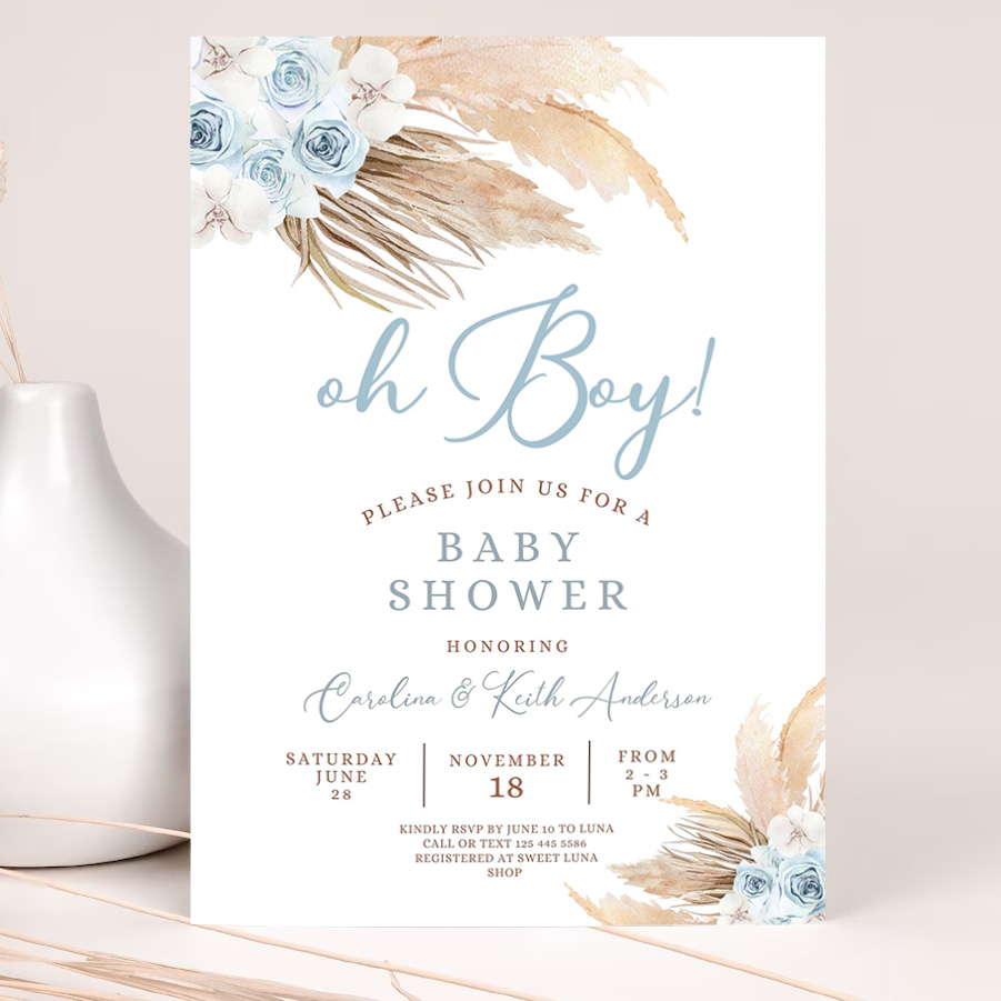 editable blue pampas grass boho baby shower invitation boy minimalist pastel baby shower invites printable 2
