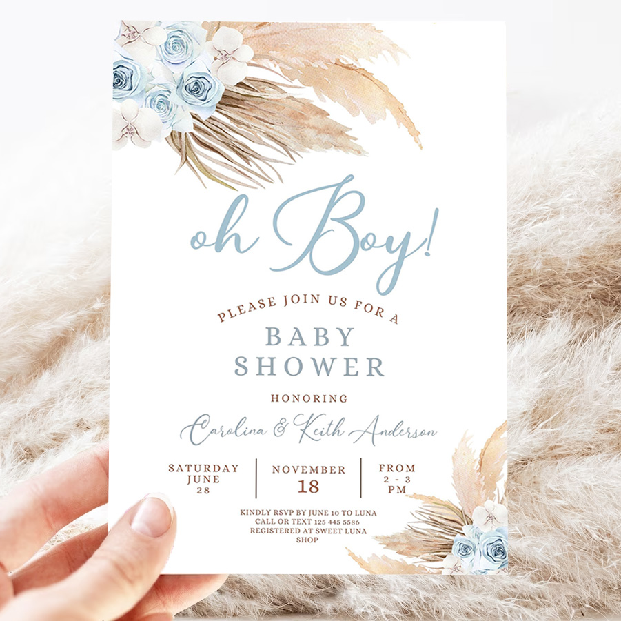 editable blue pampas grass boho baby shower invitation boy minimalist pastel baby shower invites printable 3
