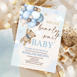 editable blue pampas grass teddy bear baby shower invitation we can bearly wait blue balloons boho boy baby shower invites template 5