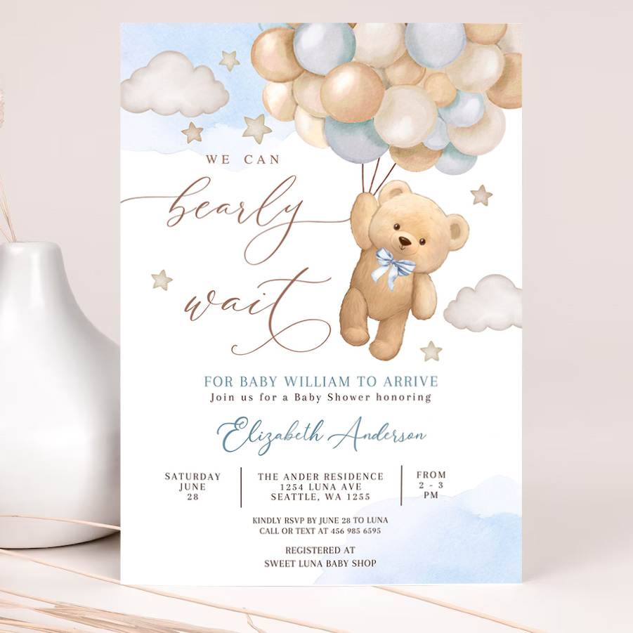 editable blue we can bearly wait teddy bear balloon bear theme baby shower invitation invites template 2