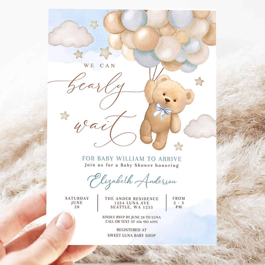 editable blue we can bearly wait teddy bear balloon bear theme baby shower invitation invites template 3