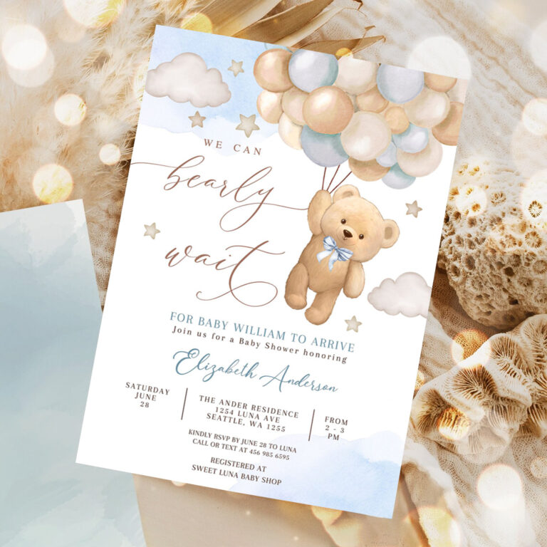 editable blue we can bearly wait teddy bear balloon bear theme baby shower invitation invites template 5