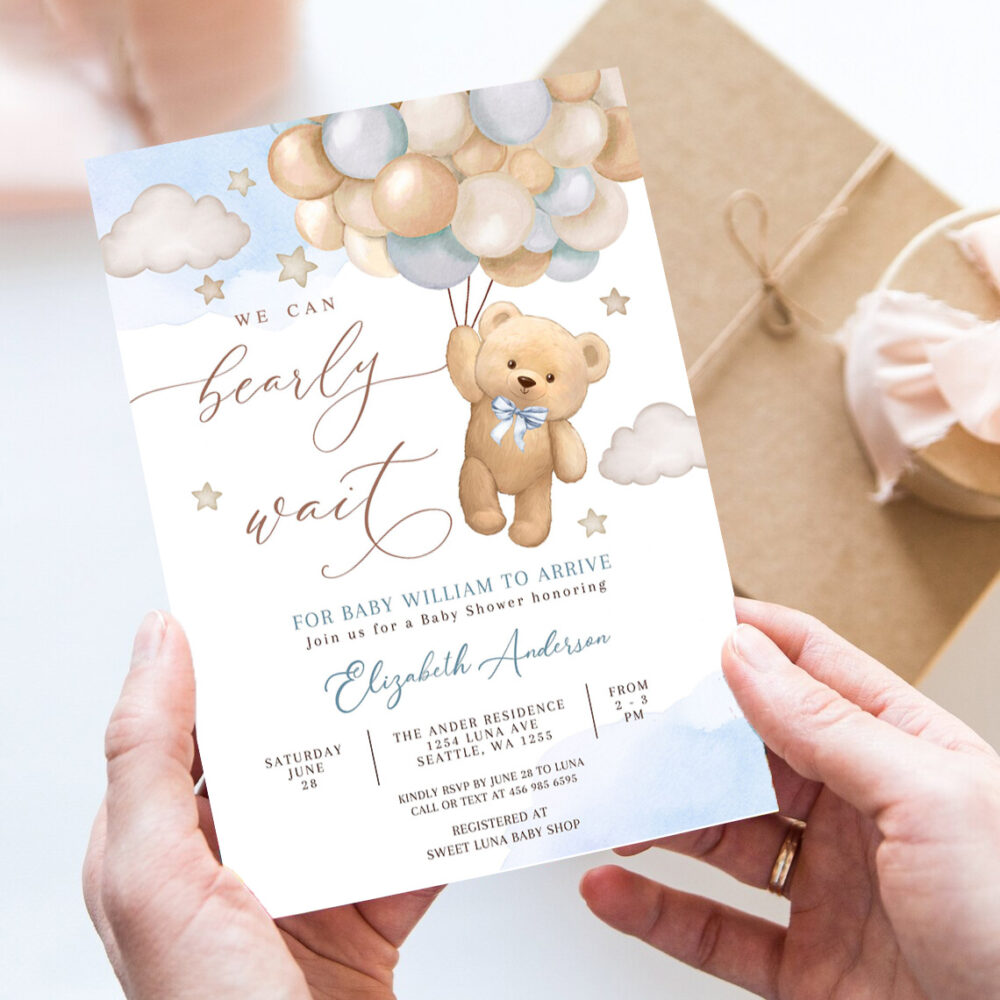 editable blue we can bearly wait teddy bear balloon bear theme baby shower invitation invites template 7