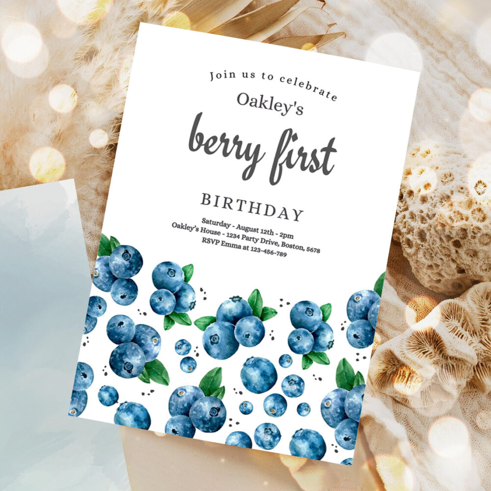 editable blueberry 1st birthday invitation berry sweet 1st birthday invitation summer fruit berries 1st birthday party invite 1
