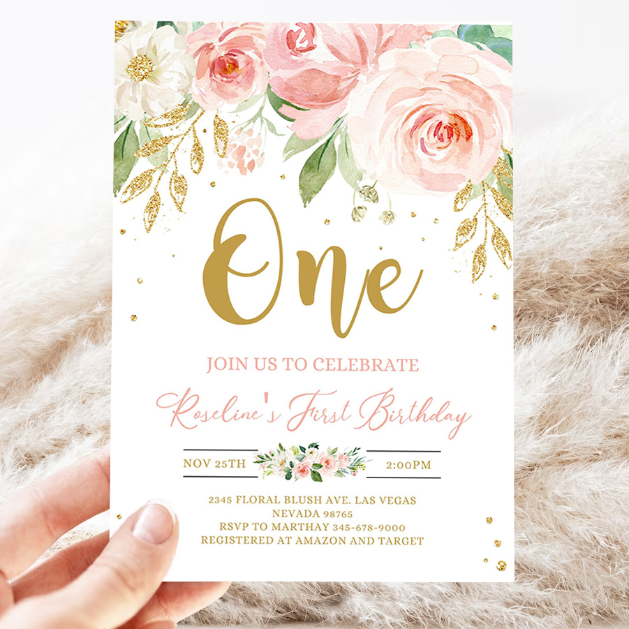 editable blush pink floral babys first birthday party invitation printable 1st birthday invite template boho girl party 3