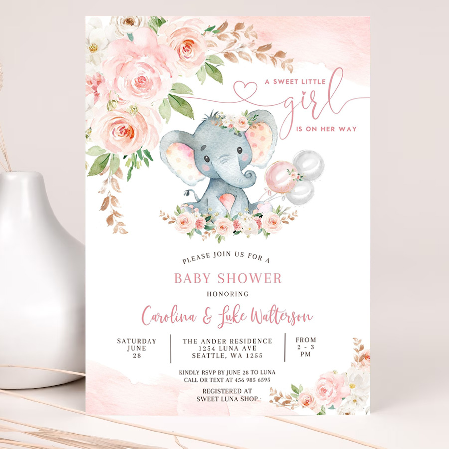 editable blush pink rose gold elephant baby shower invitation girl baby elephant invite printable template 2