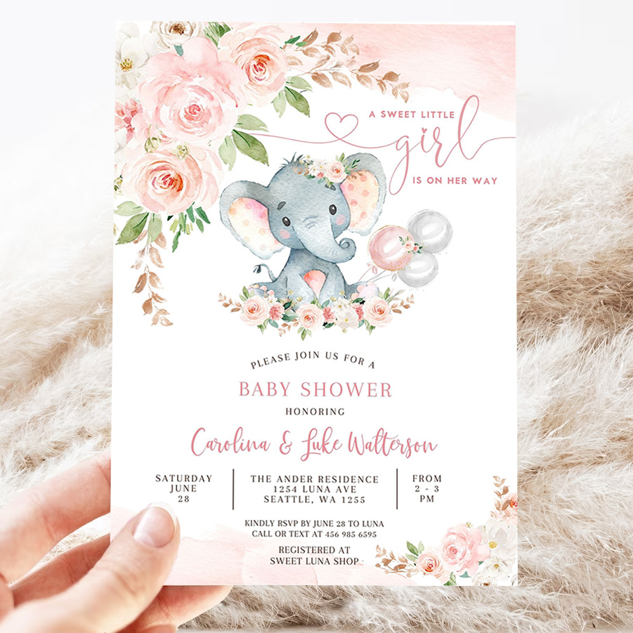 editable blush pink rose gold elephant baby shower invitation girl baby elephant invite printable template 3