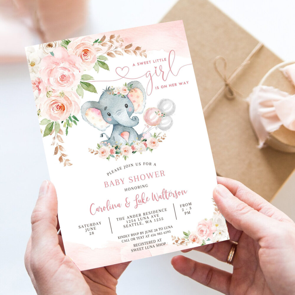 editable blush pink rose gold elephant baby shower invitation girl baby elephant invite printable template 7