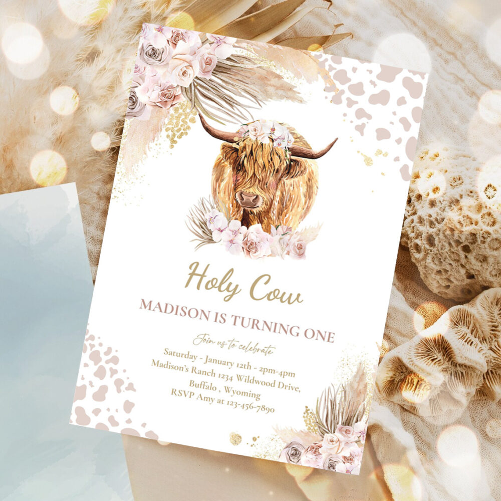 editable boho cow birthday party invitation holy cow im one party pink pampas grass boho highland cow party 1