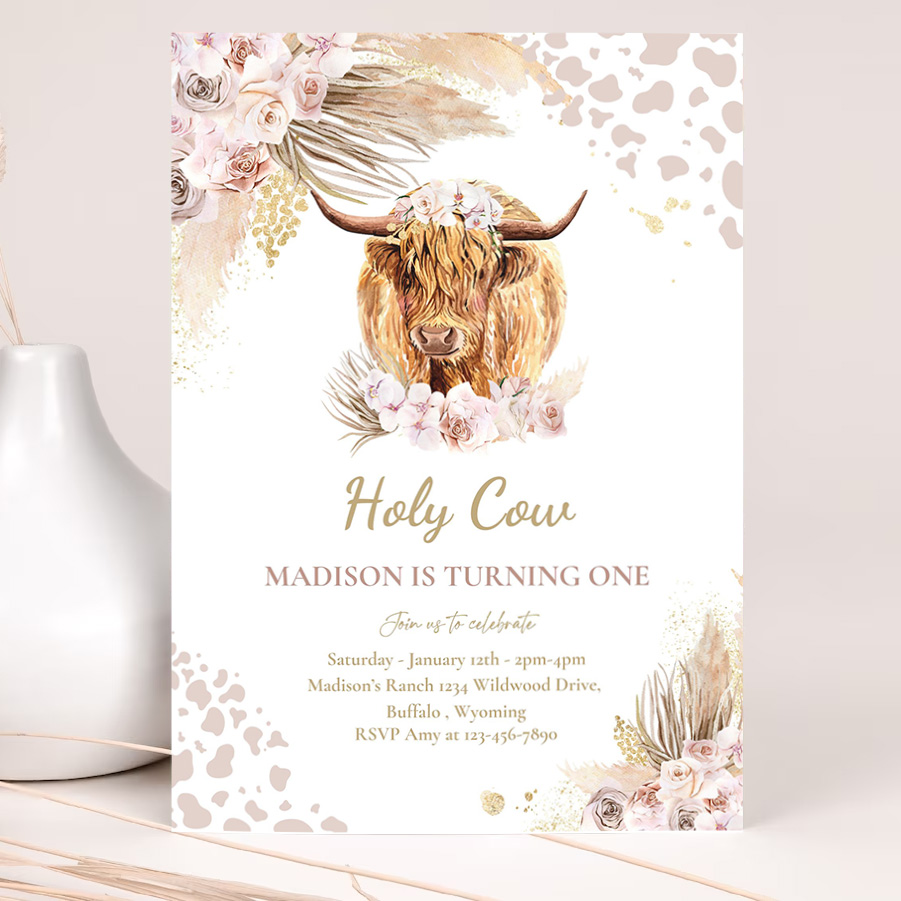 editable boho cow birthday party invitation holy cow im one party pink pampas grass boho highland cow party 2