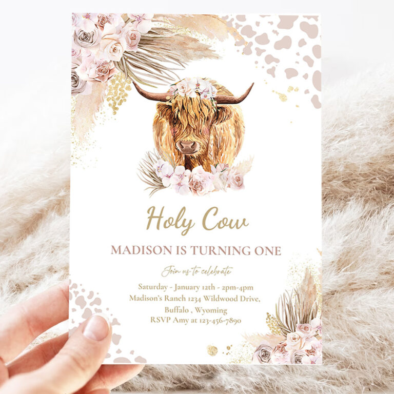 editable boho cow birthday party invitation holy cow im one party pink pampas grass boho highland cow party 3