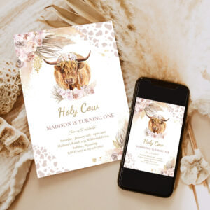 editable boho cow birthday party invitation holy cow im one party pink pampas grass boho highland cow party 6