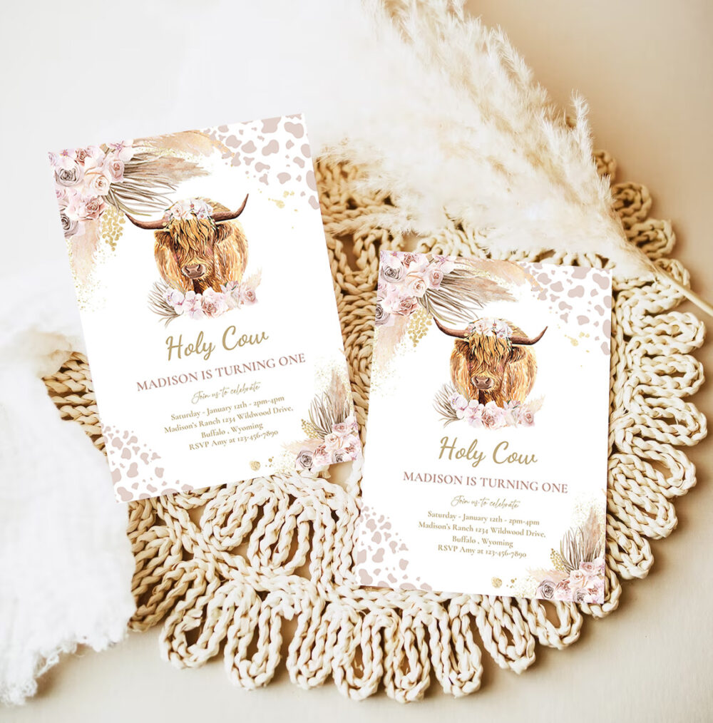 editable boho cow birthday party invitation holy cow im one party pink pampas grass boho highland cow party 7