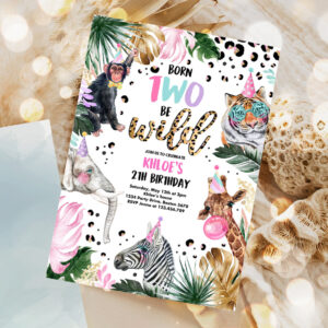 editable born to be wild leopard print safari animals birthday party invitation leopard print born two wild birthday party invitation 1