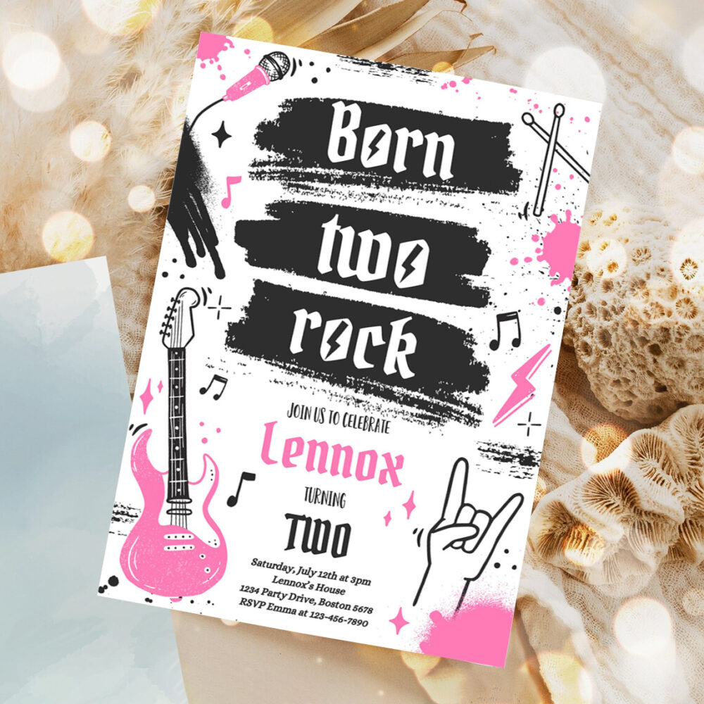 editable born two rock 2nd birthday party invitation girl rock and roll party punk rock birthday two rocks 2nd birthday 1