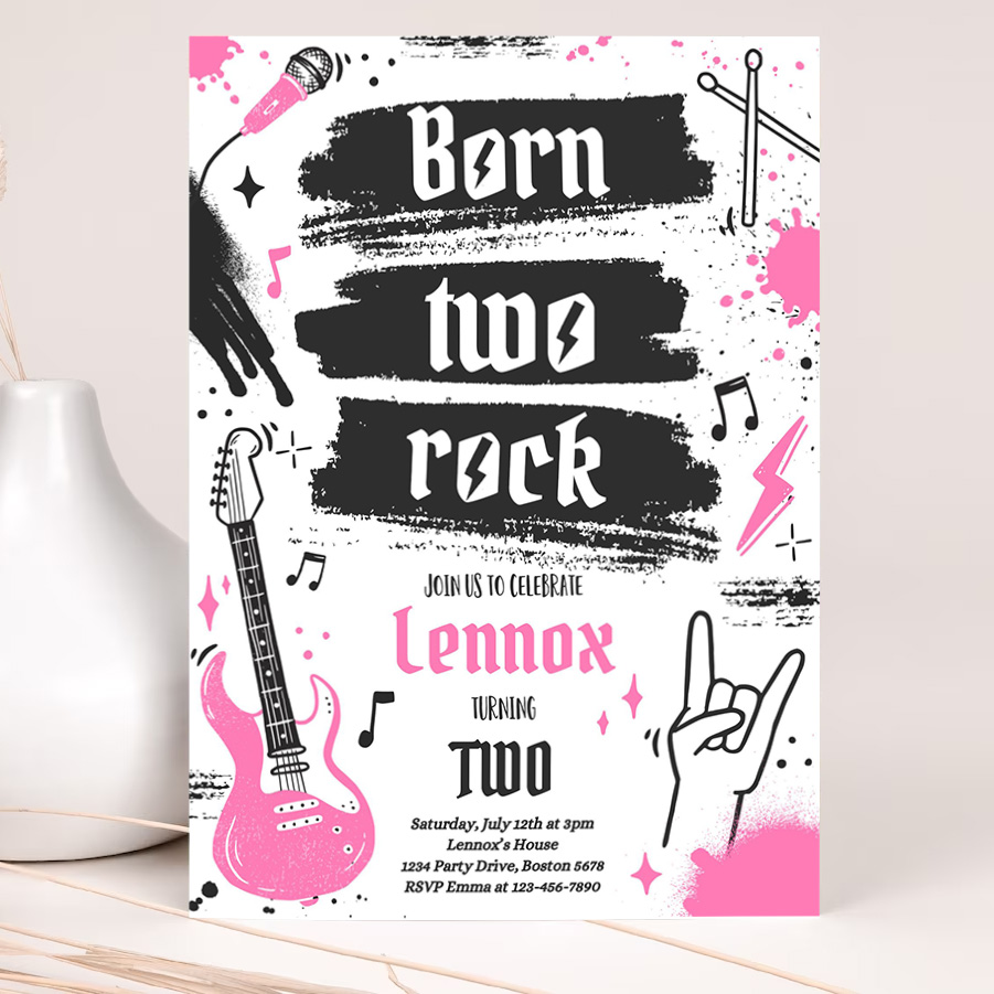 editable born two rock 2nd birthday party invitation girl rock and roll party punk rock birthday two rocks 2nd birthday 2