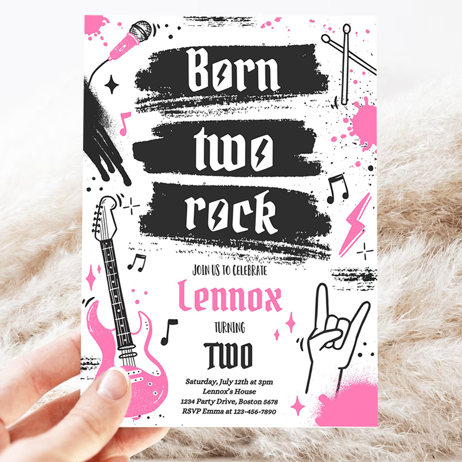 editable born two rock 2nd birthday party invitation girl rock and roll party punk rock birthday two rocks 2nd birthday 3