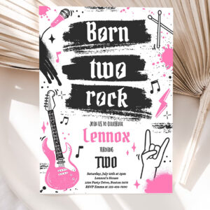 editable born two rock 2nd birthday party invitation girl rock and roll party punk rock birthday two rocks 2nd birthday 5