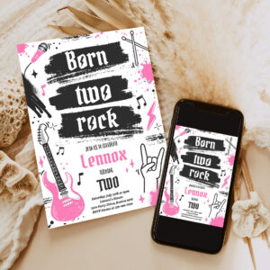 editable born two rock 2nd birthday party invitation girl rock and roll party punk rock birthday two rocks 2nd birthday 6