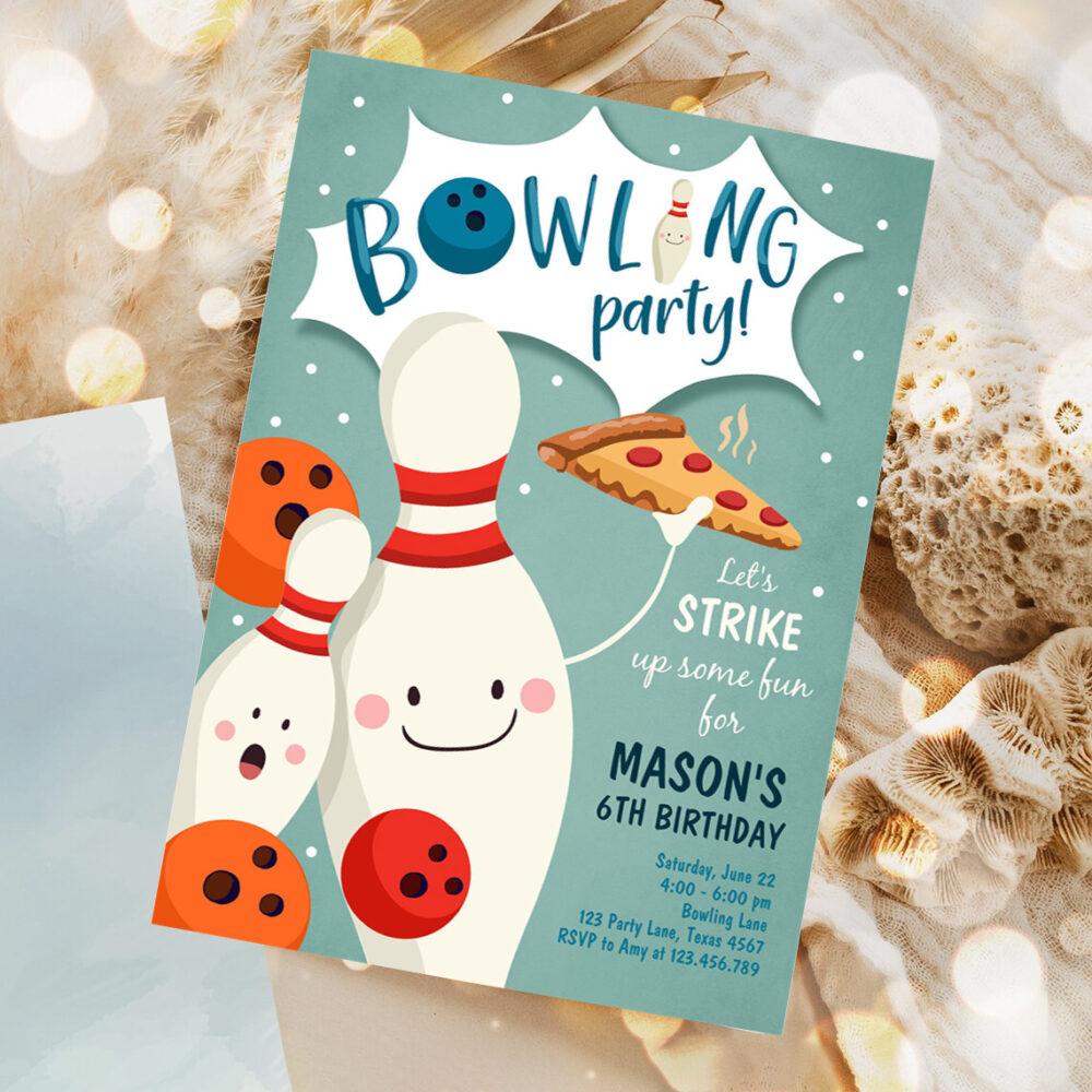 editable bowling birthday invitation strike up some fun boy bowling party pizza blue orange party invitation 1