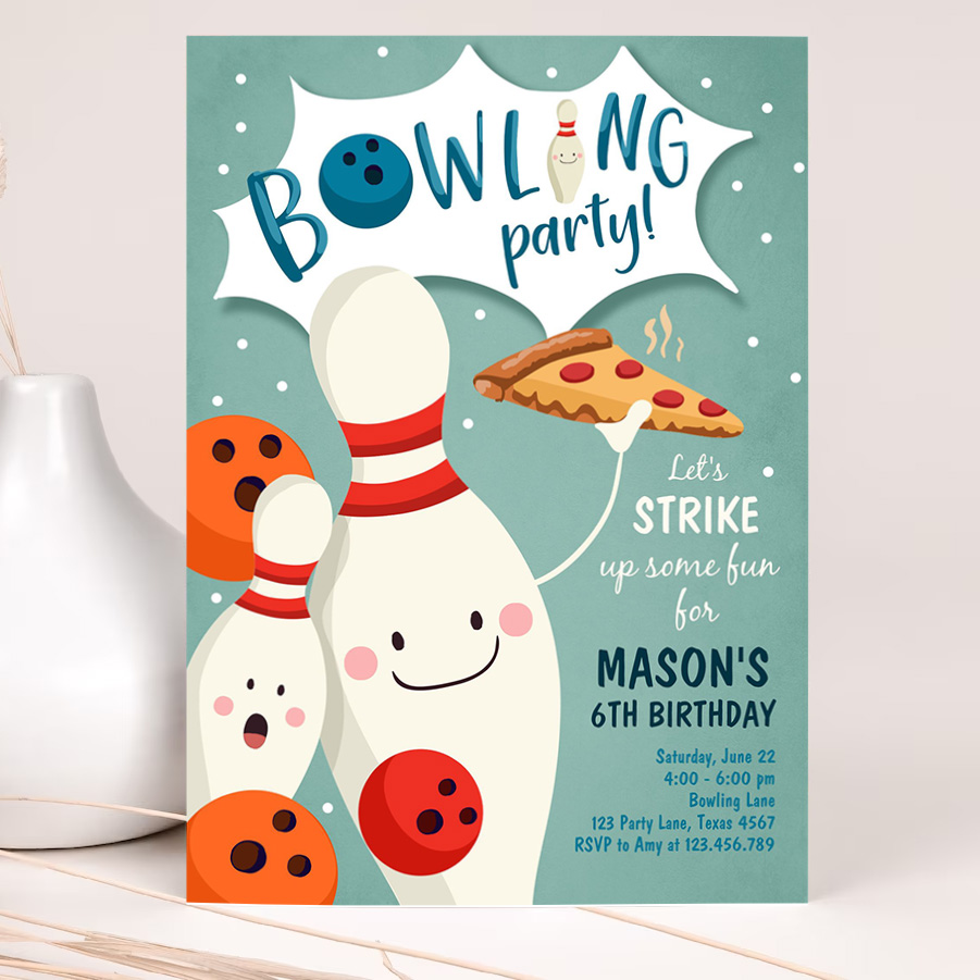 editable bowling birthday invitation strike up some fun boy bowling party pizza blue orange party invitation 2