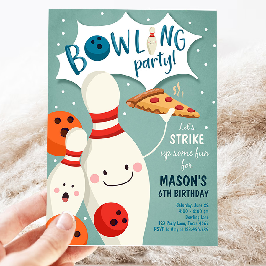 editable bowling birthday invitation strike up some fun boy bowling party pizza blue orange party invitation 3