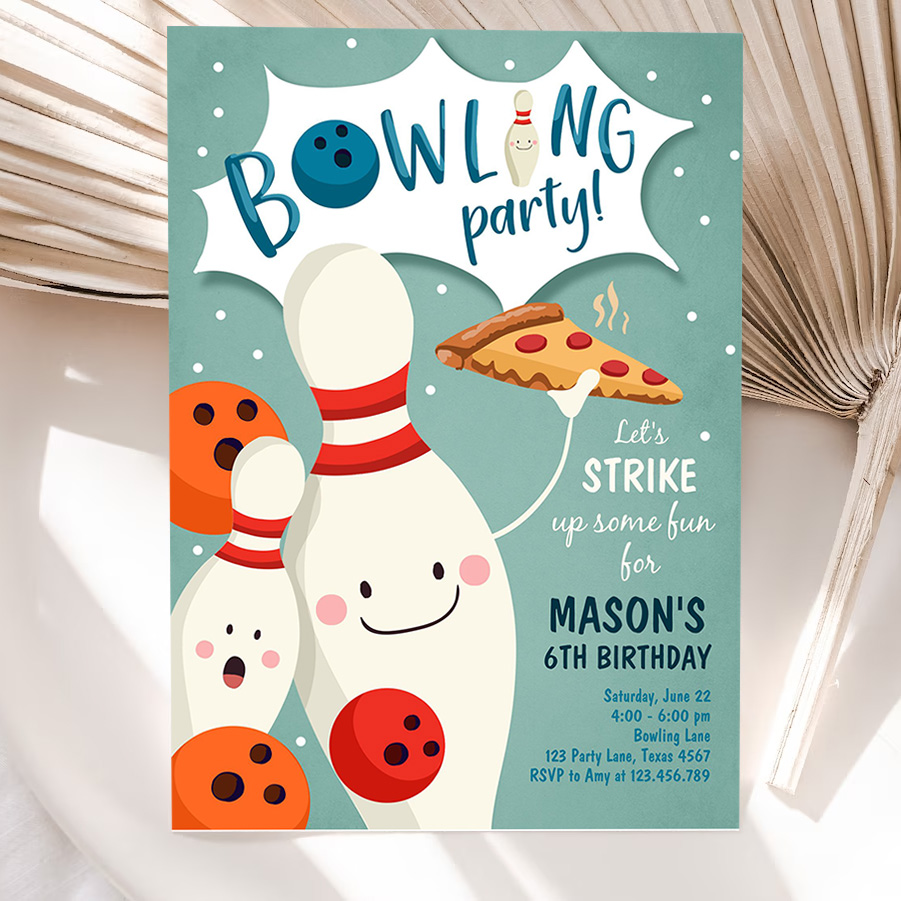 editable bowling birthday invitation strike up some fun boy bowling party pizza blue orange party invitation 5