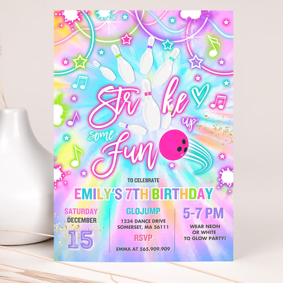 editable bowling invitation tie dye bowling birthday party invite glow bowling party neon glow tie dye bowling party 2