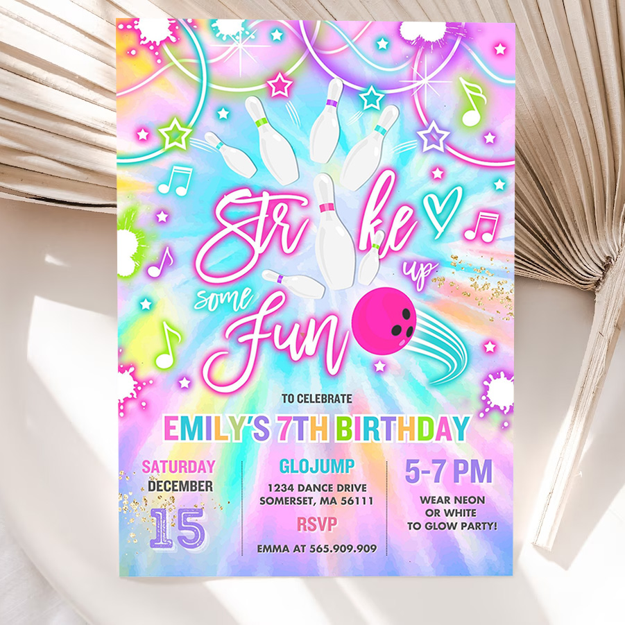 editable bowling invitation tie dye bowling birthday party invite glow bowling party neon glow tie dye bowling party 5