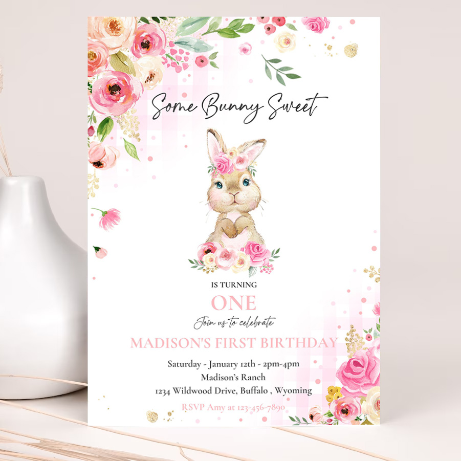 editable bunny birthday party invitation some bunny 1st birthday pink floral spring bunny 1st birthday party 2