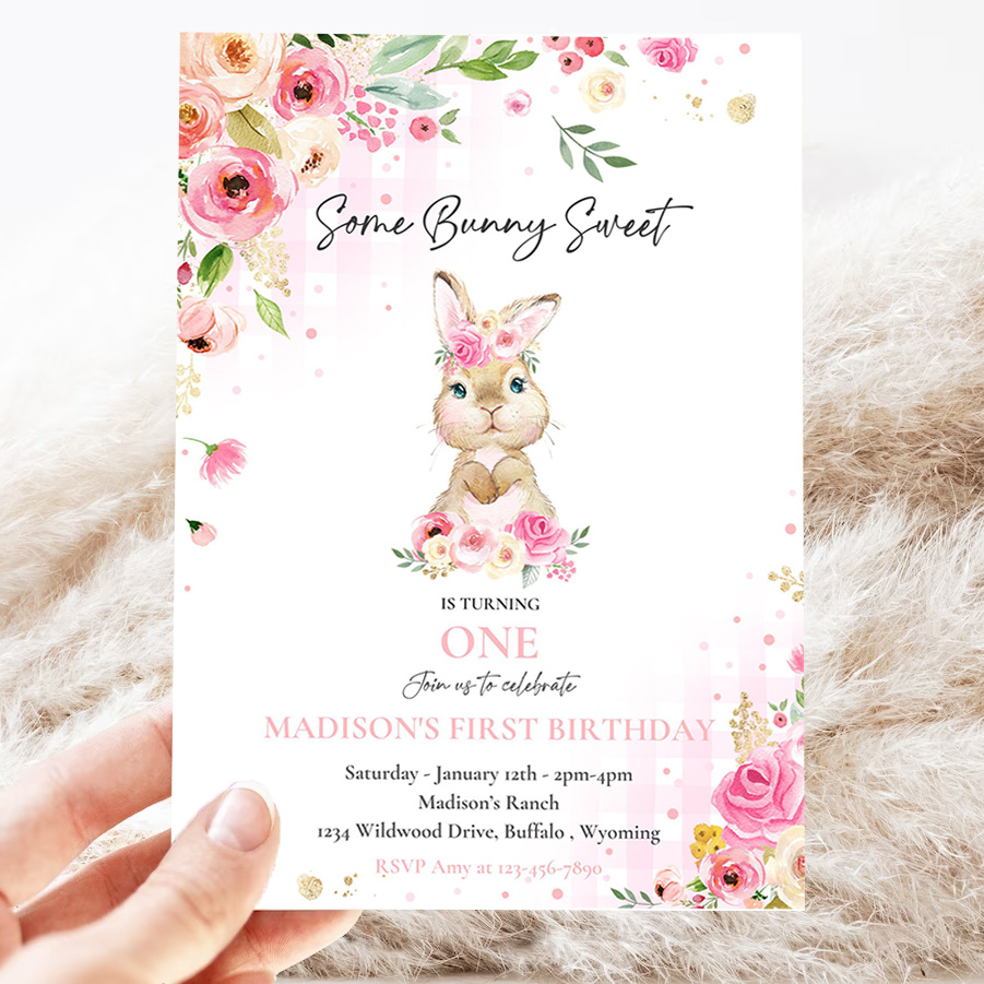 editable bunny birthday party invitation some bunny 1st birthday pink floral spring bunny 1st birthday party 3