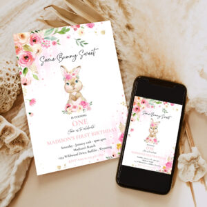editable bunny birthday party invitation some bunny 1st birthday pink floral spring bunny 1st birthday party 6