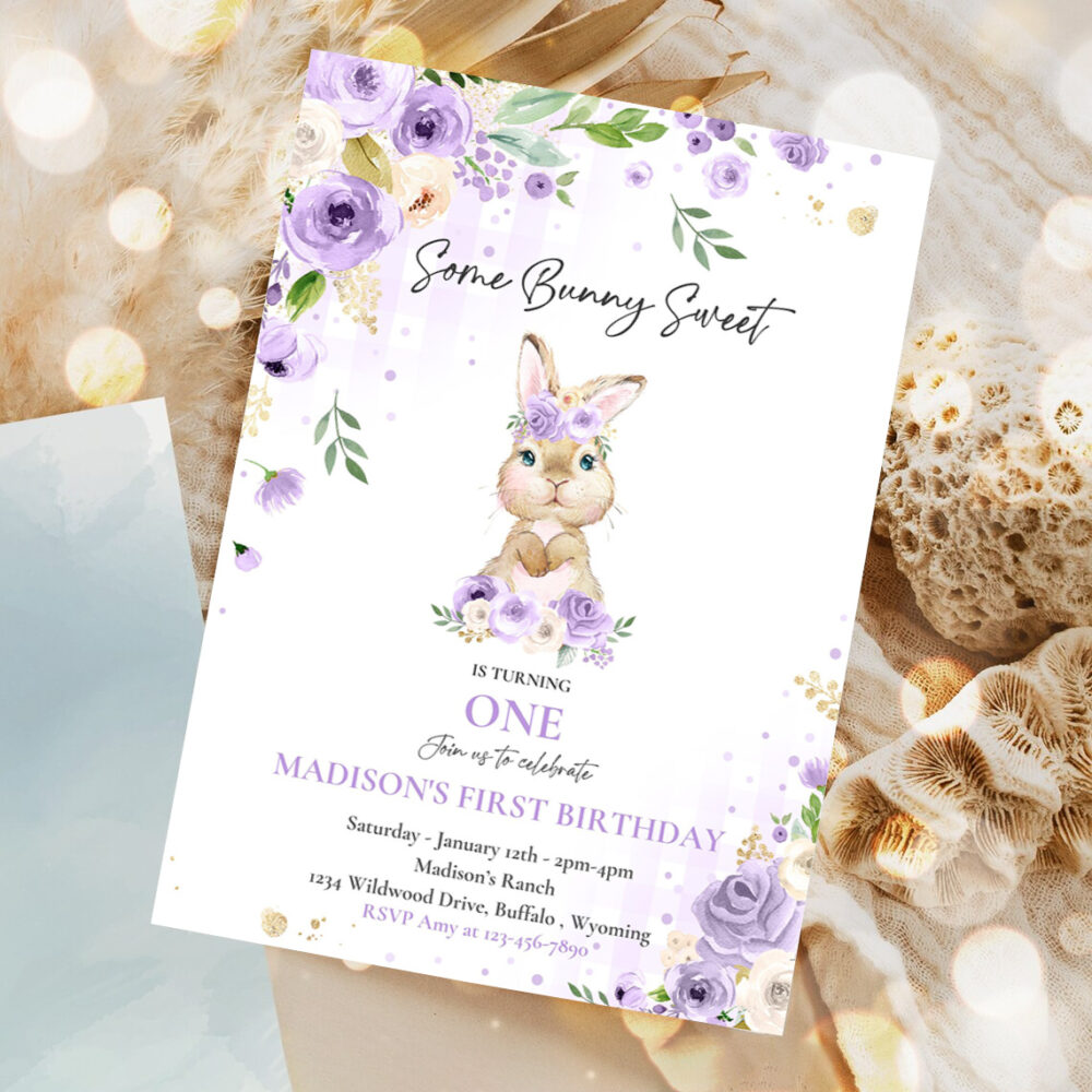 editable bunny birthday party invitation some bunny 1st birthday purple floral spring bunny 1st birthday party 1
