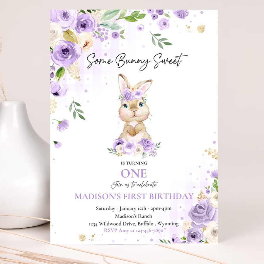 editable bunny birthday party invitation some bunny 1st birthday purple floral spring bunny 1st birthday party 2