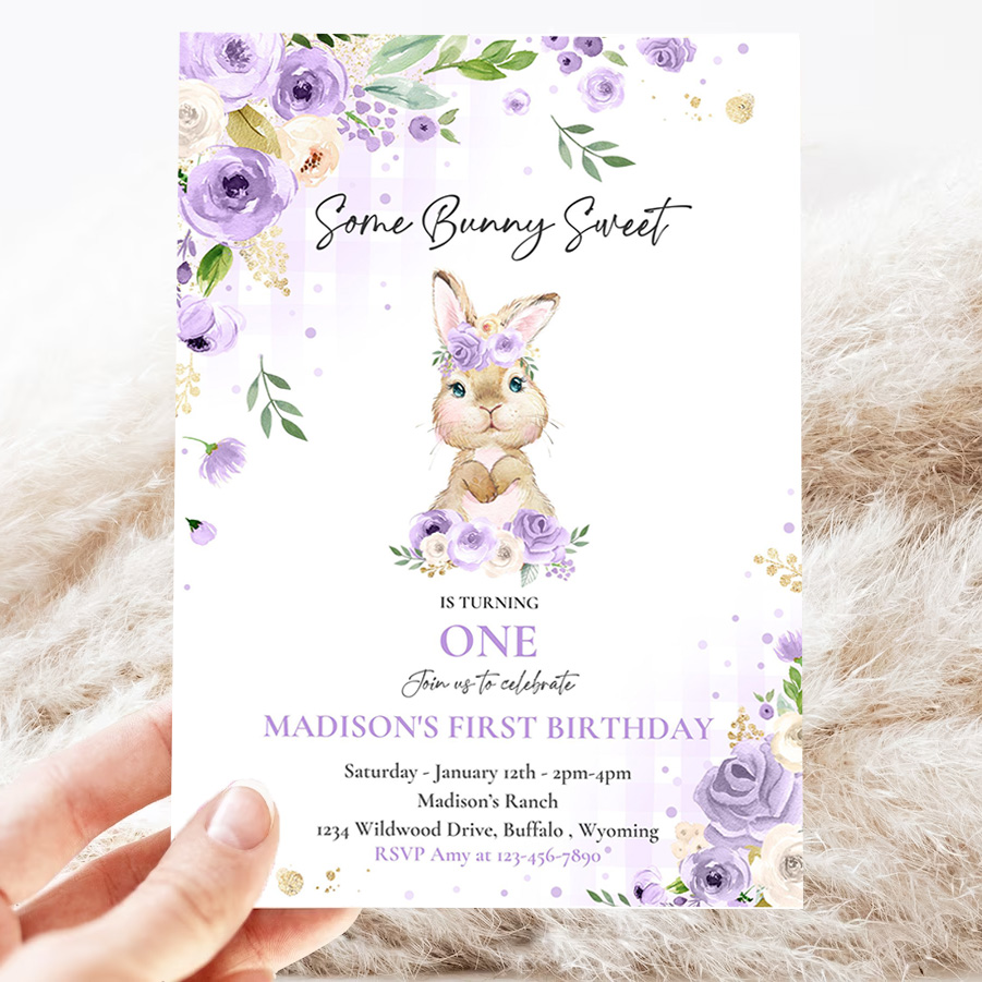 editable bunny birthday party invitation some bunny 1st birthday purple floral spring bunny 1st birthday party 3