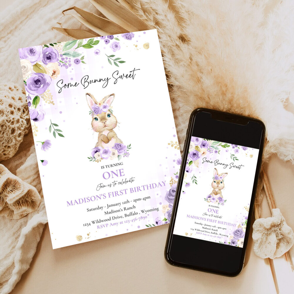 editable bunny birthday party invitation some bunny 1st birthday purple floral spring bunny 1st birthday party 6