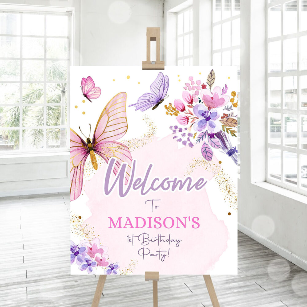 editable butterfly welcome sign butterfly birthday party butterfly party garden girl pink gold floral purple template 1