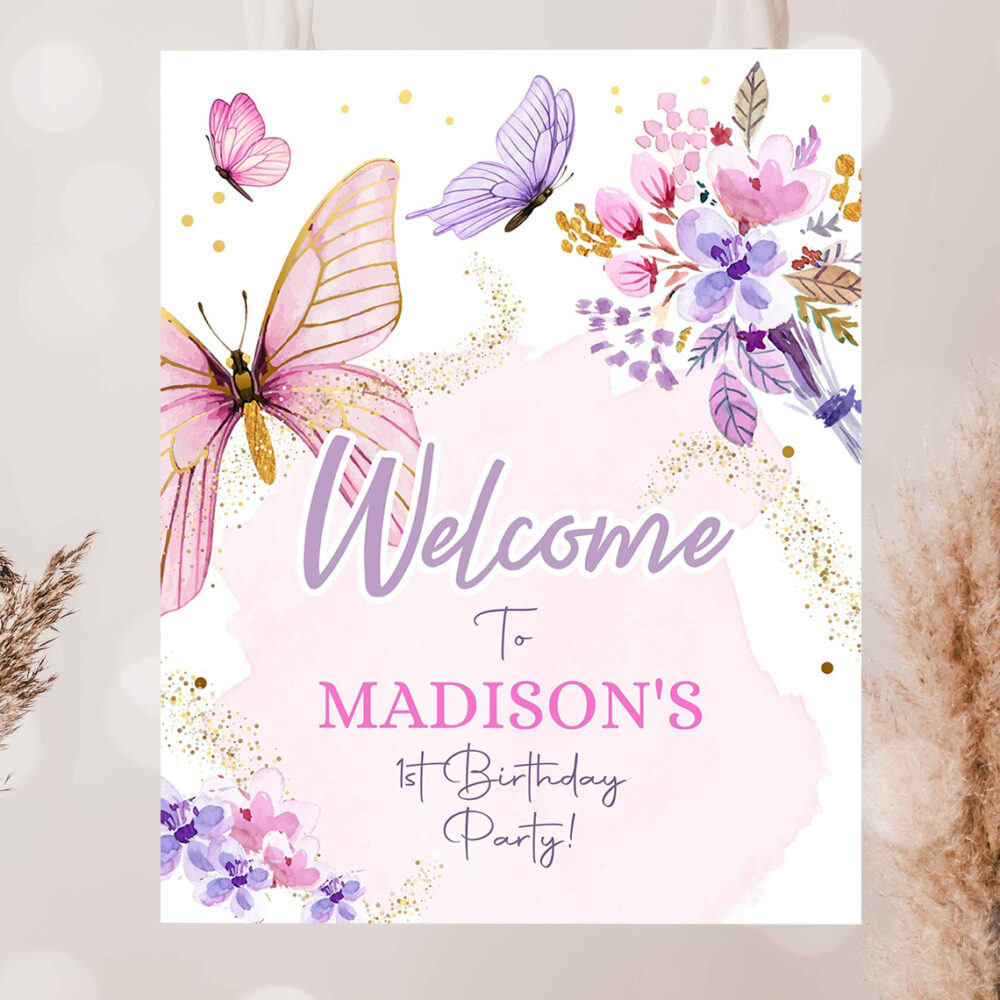 editable butterfly welcome sign butterfly birthday party butterfly party garden girl pink gold floral purple template 2