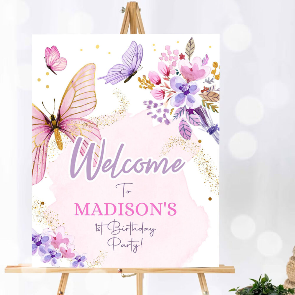 editable butterfly welcome sign butterfly birthday party butterfly party garden girl pink gold floral purple template 3