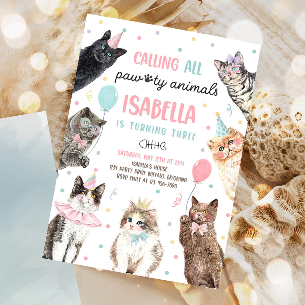 editable calling all paw ty animals kitten birthday party invitation cat birthday party lets pawty kitty cat party 1