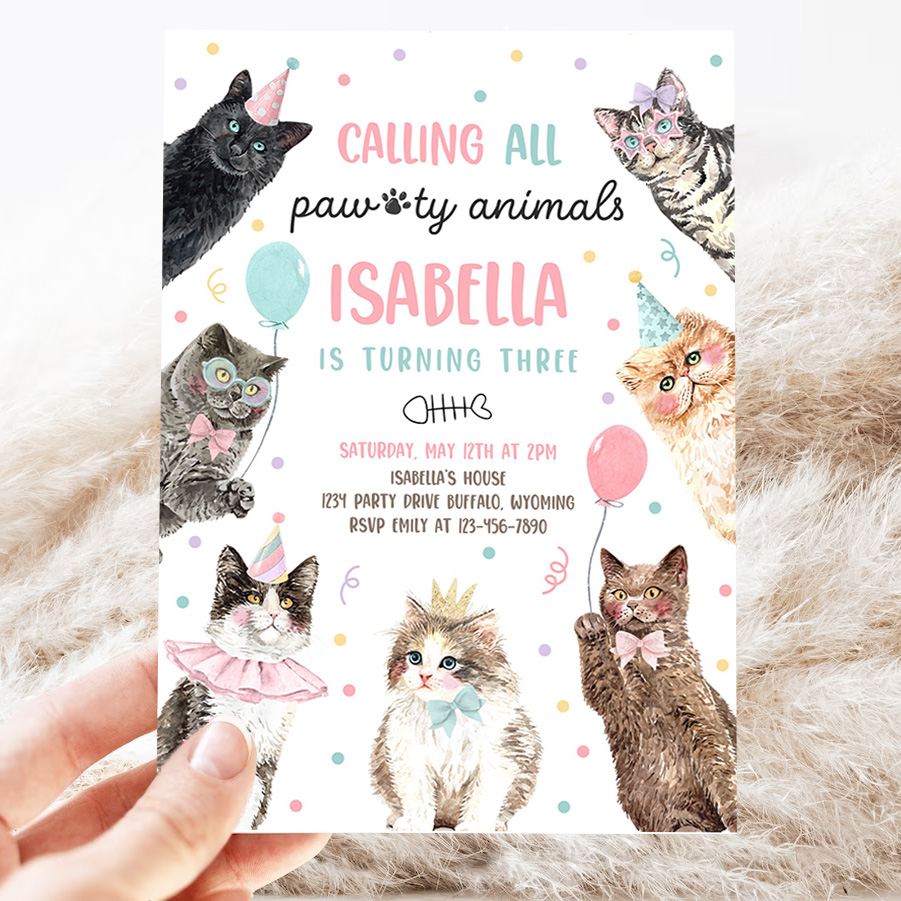 editable calling all paw ty animals kitten birthday party invitation cat birthday party lets pawty kitty cat party 3
