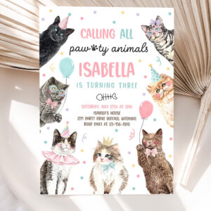editable calling all paw ty animals kitten birthday party invitation cat birthday party lets pawty kitty cat party 5
