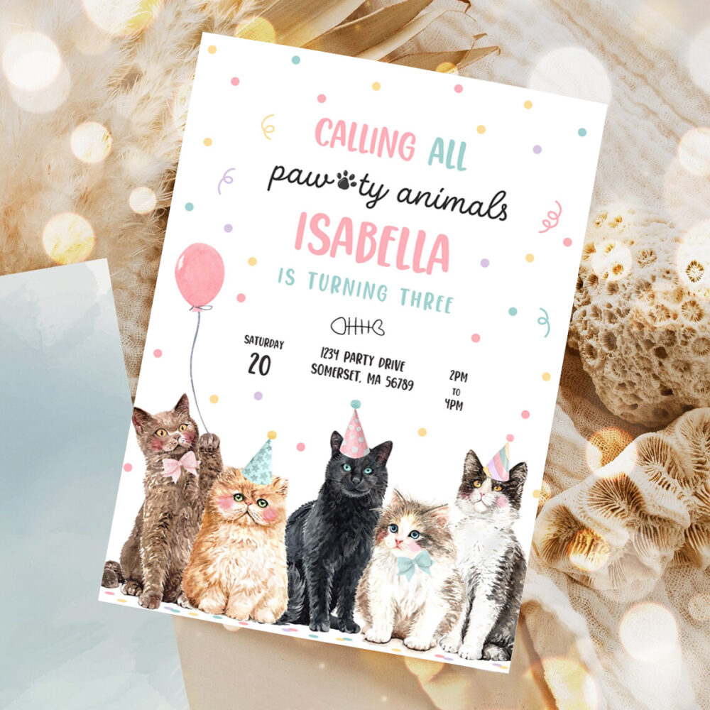 editable calling all paw ty animals kitten birthday party invitation cat birthday party lets pawty kitty cat party invite 1