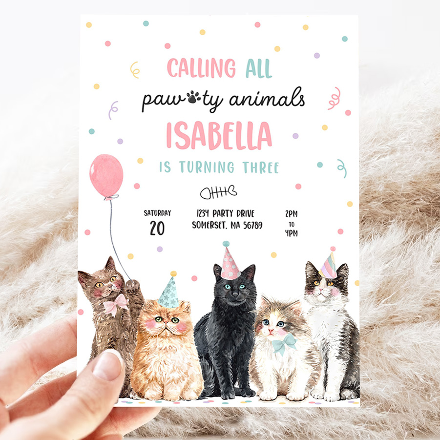 editable calling all paw ty animals kitten birthday party invitation cat birthday party lets pawty kitty cat party invite 3