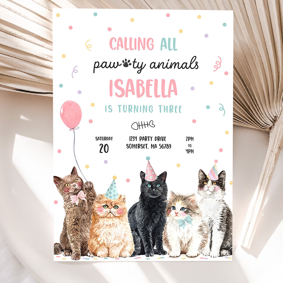 editable calling all paw ty animals kitten birthday party invitation cat birthday party lets pawty kitty cat party invite 5