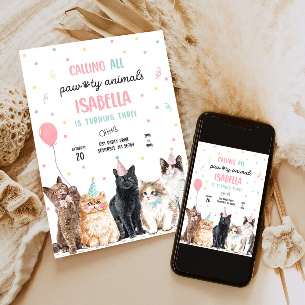 editable calling all paw ty animals kitten birthday party invitation cat birthday party lets pawty kitty cat party invite 6