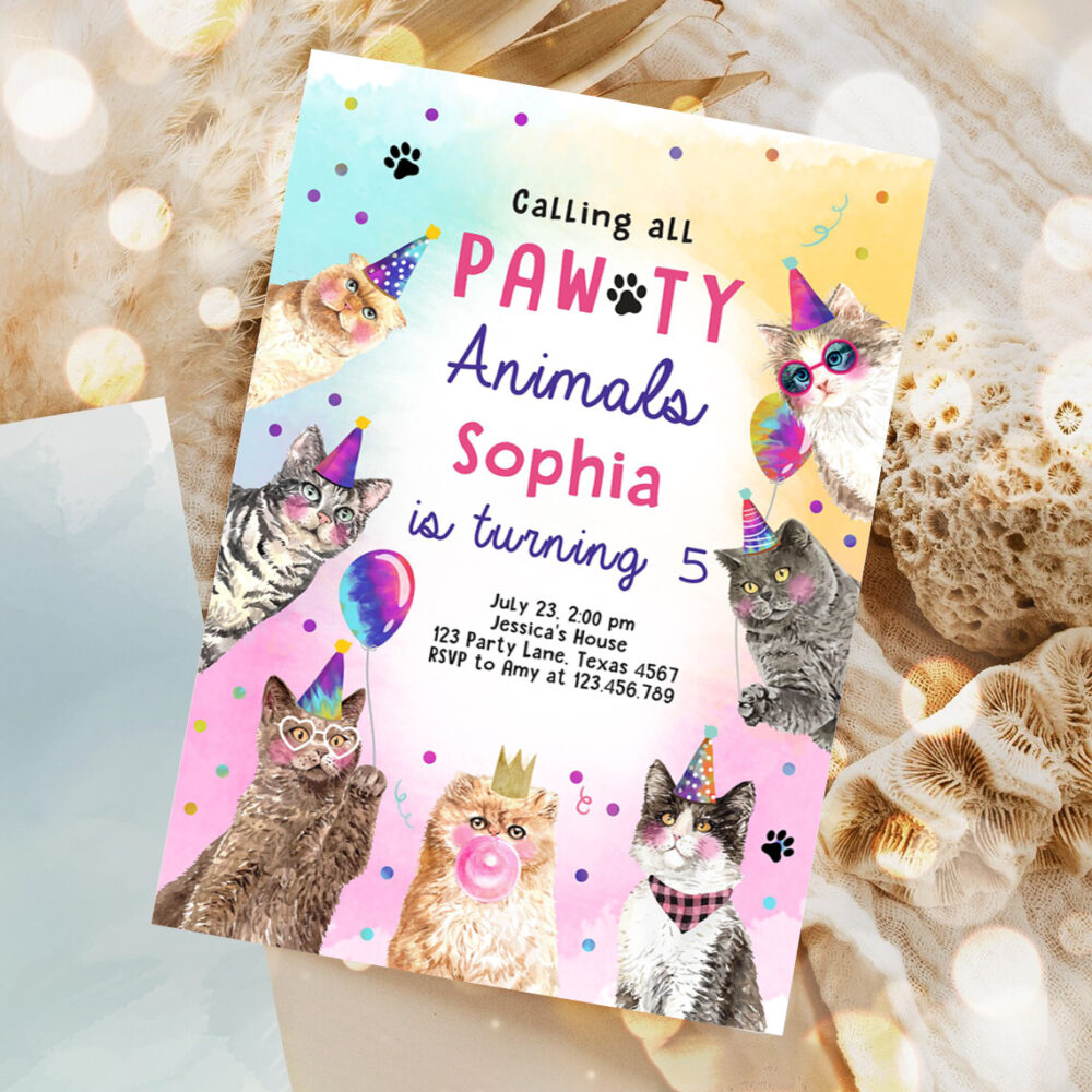 editable cat birthday party invitation kitten birthday invite calling all pawty animals party animals download printable template 1